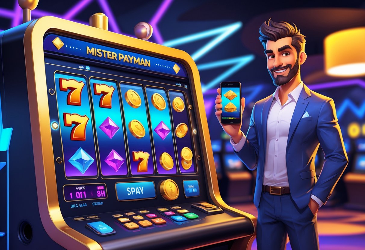 Ilustrasi seorang pria berdiri di samping mesin slot digital yang sedang berputar dengan latar belakang kasino modern yang penuh lampu neon.
