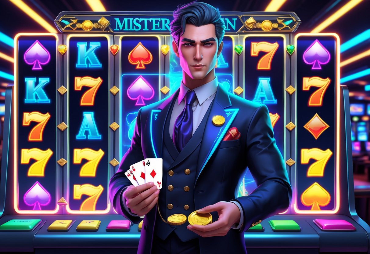 Seorang pria berpakaian rapi memegang kartu dan koin di depan mesin slot berwarna-warni di latar kasino modern.