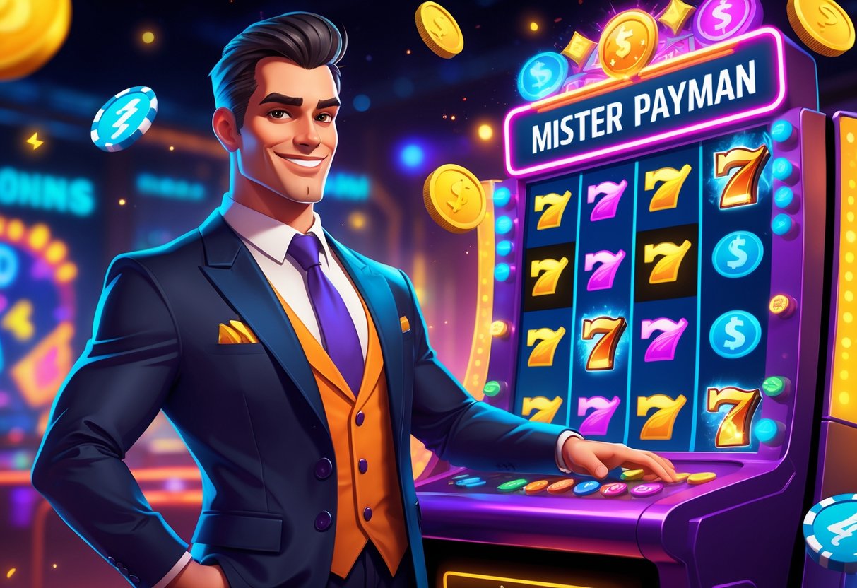 Ilustrasi seorang pria bergaya di samping mesin slot berwarna cerah dengan simbol bonus dan koin, menggambarkan fitur unik dan hadiah dalam permainan slot online Mister Payman.