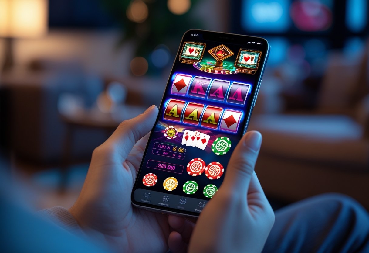 mobile casino app with slot reels and poker cards.
