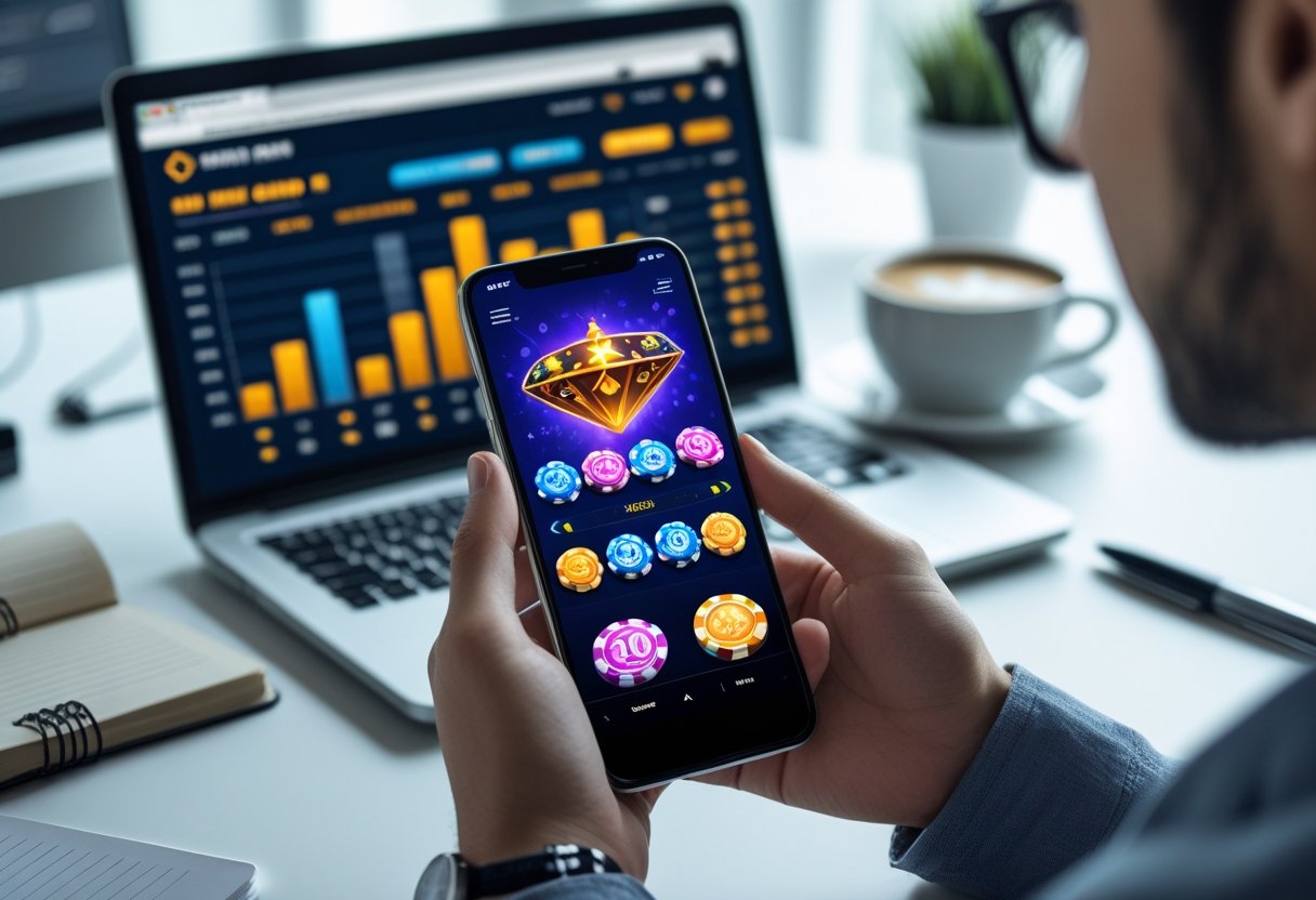Person holding a smartphone showing a mobile casino app, 