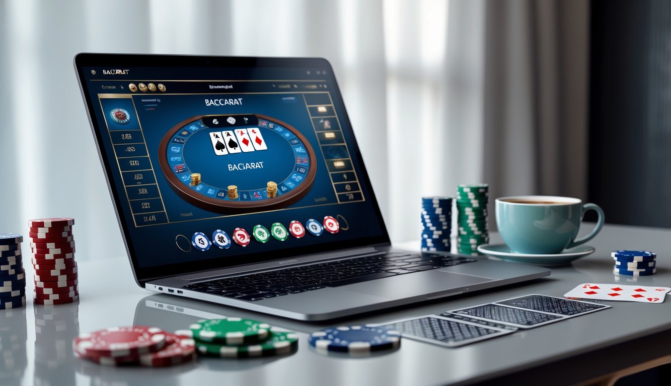 Seorang pemain sedang fokus bermain baccarat online di depan komputer dengan kartu dan chip kasino di meja.