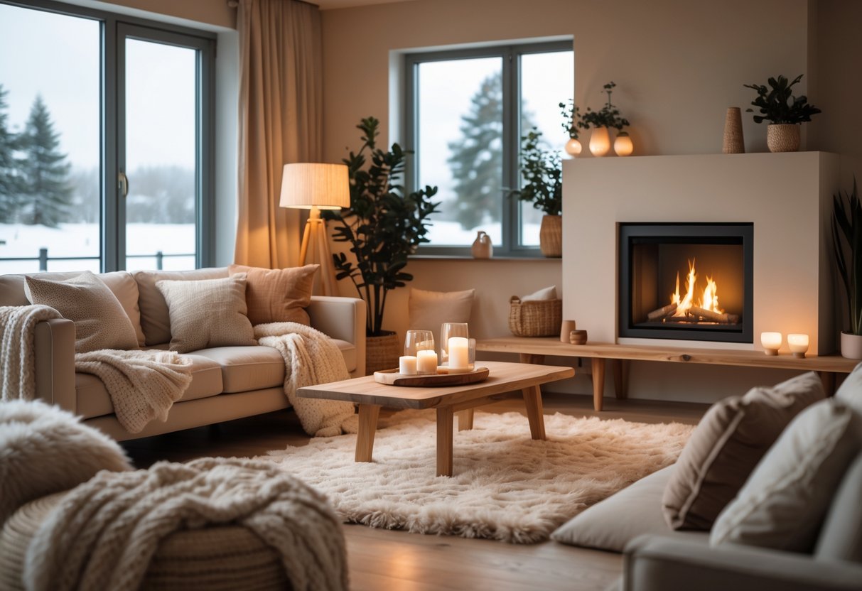 Un salon chaleureux et confortable avec une cheminée allumée, des coussins et couvertures douces, des meubles en bois, et une fenêtre montrant un paysage enneigé.