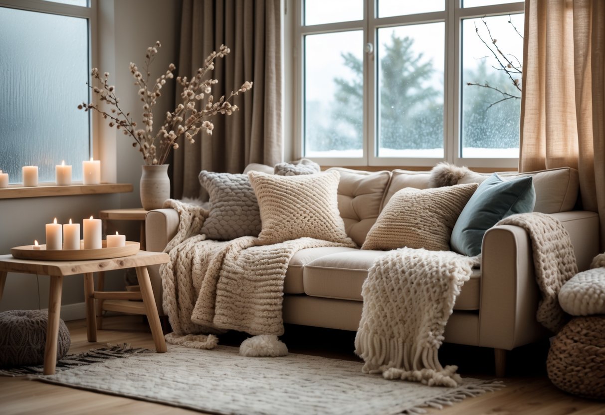 Un salon chaleureux avec un canapé confortable, des plaids et coussins, une table en bois avec des bougies, et une grande fenêtre laissant entrer la lumière hivernale.