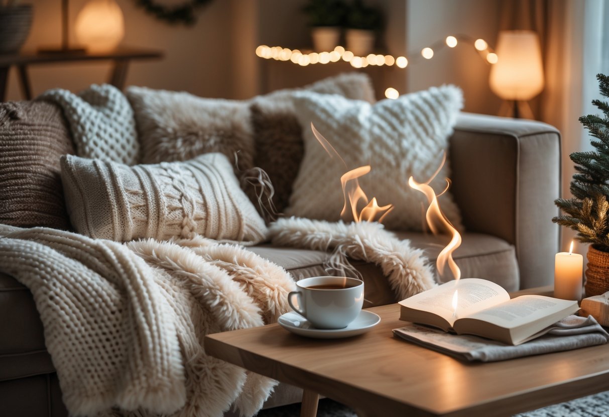 Un salon chaleureux avec des plaids, coussins, une tasse de thé sur une table basse, une lampe allumée et des décorations naturelles pour un intérieur cosy d'hiver.