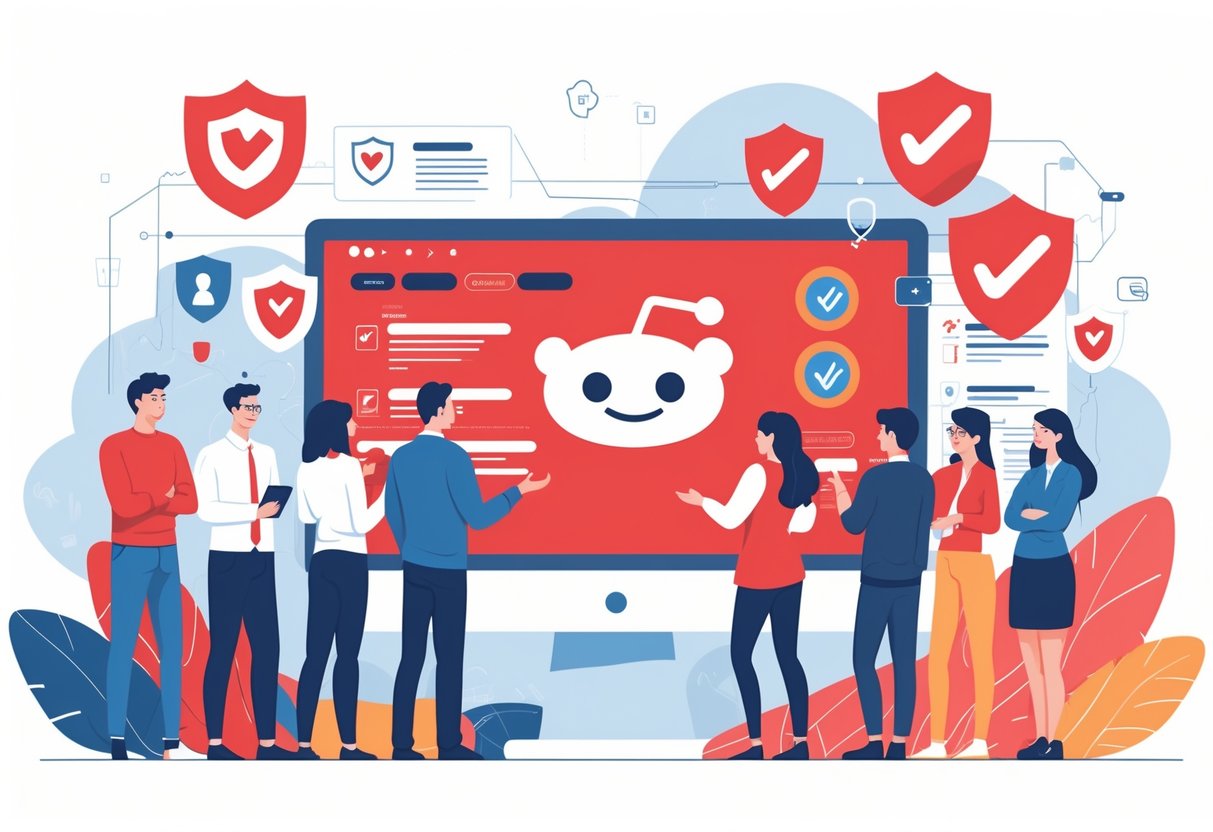 A group of people gathered around a computer screen showing a safe and secure online community with symbols of protection and rules.