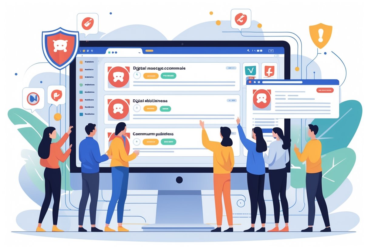 A group of people interacting with a large computer screen showing posts and warning icons, surrounded by symbols representing online rules and protection.