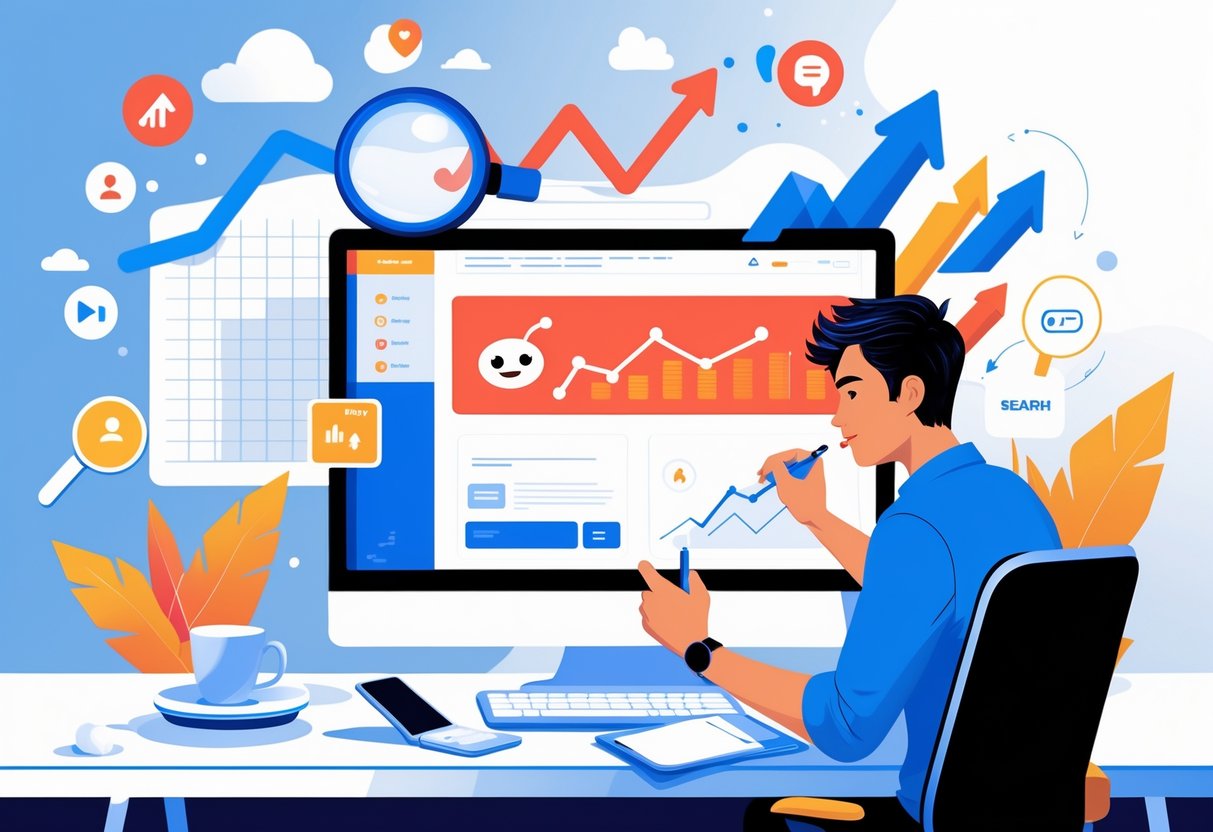 A person working at a desk with a computer showing Reddit-like interface elements, surrounded by icons representing SEO and search optimization concepts.