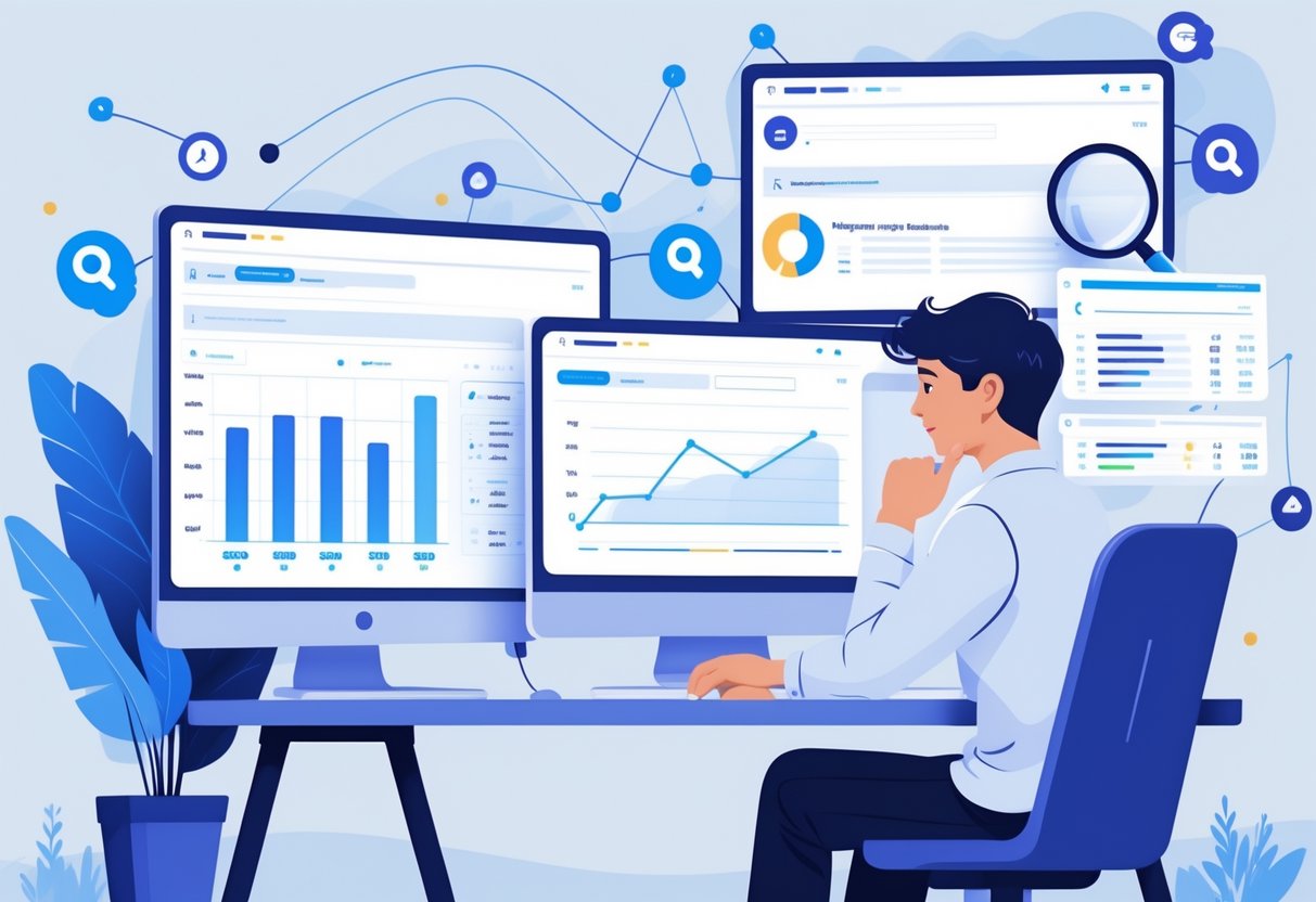A person working at a desk with multiple computer screens showing data and charts related to keyword research and search intent analysis.