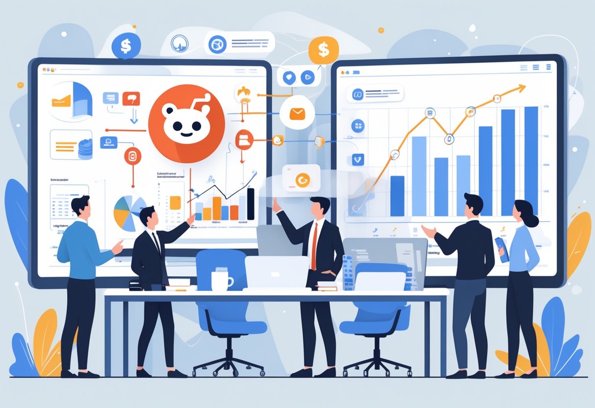 A group of marketers in an office analyzing data on digital screens showing connections between Reddit and marketing channels with graphs representing return on investment.