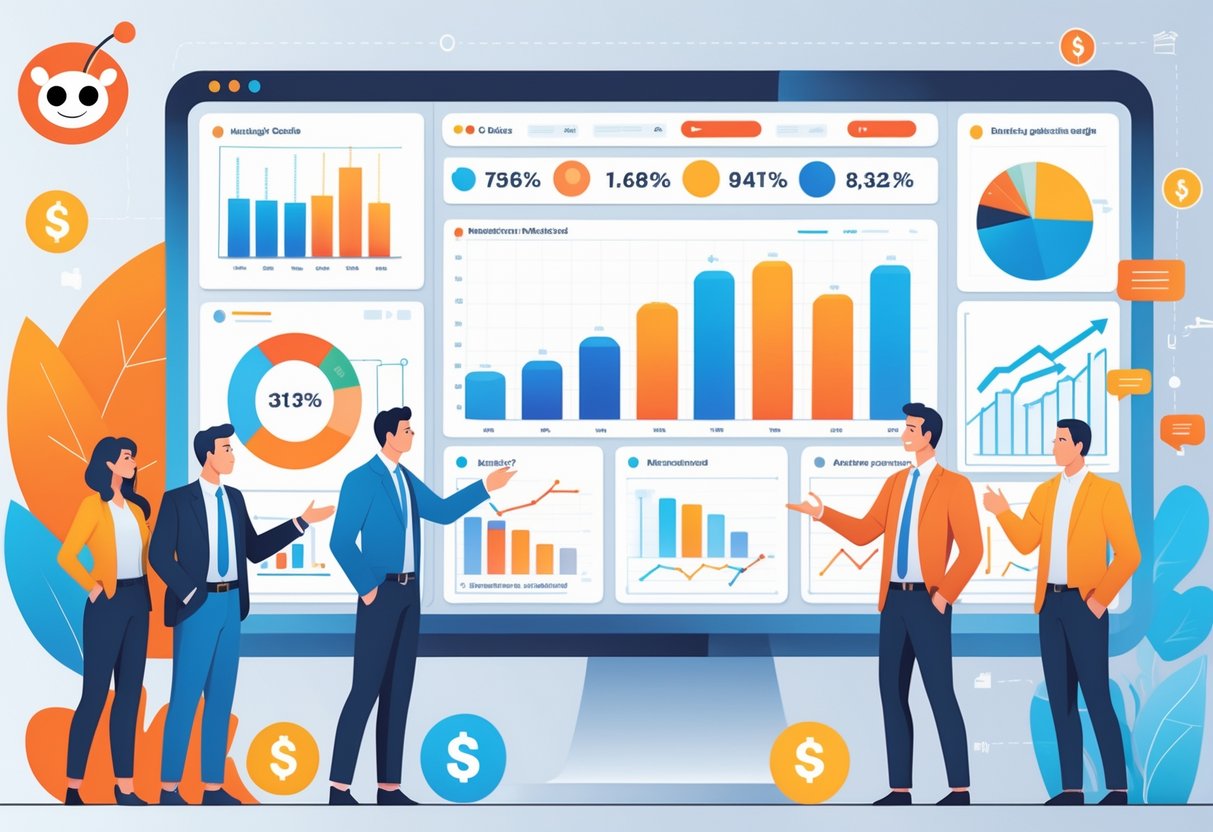 A group of professionals analyzing marketing data and graphs on a large digital screen in a modern office setting.