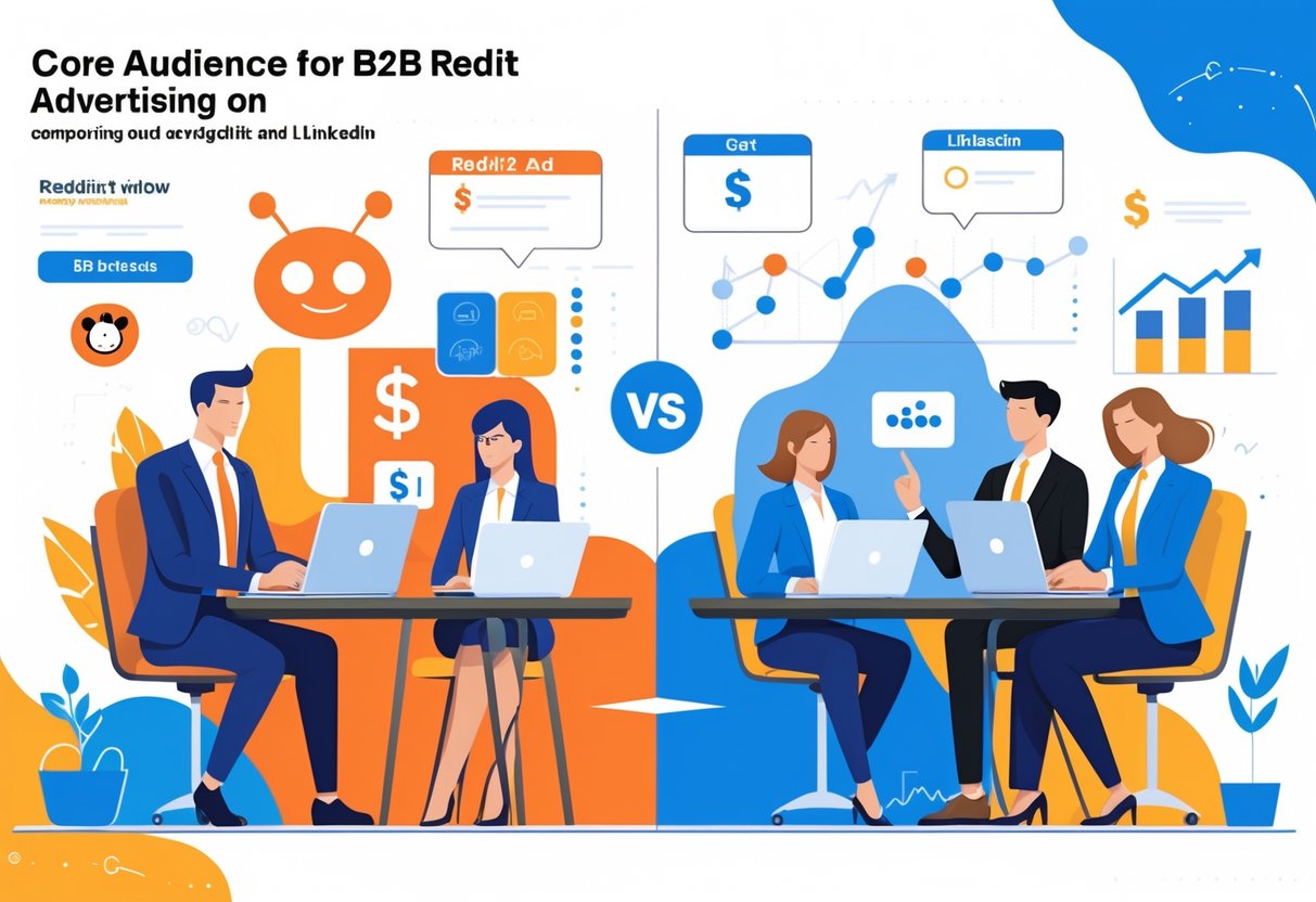 A split scene showing business professionals using digital devices on two sides, representing Reddit and LinkedIn advertising, with icons illustrating cost, quality, and return on investment between them.