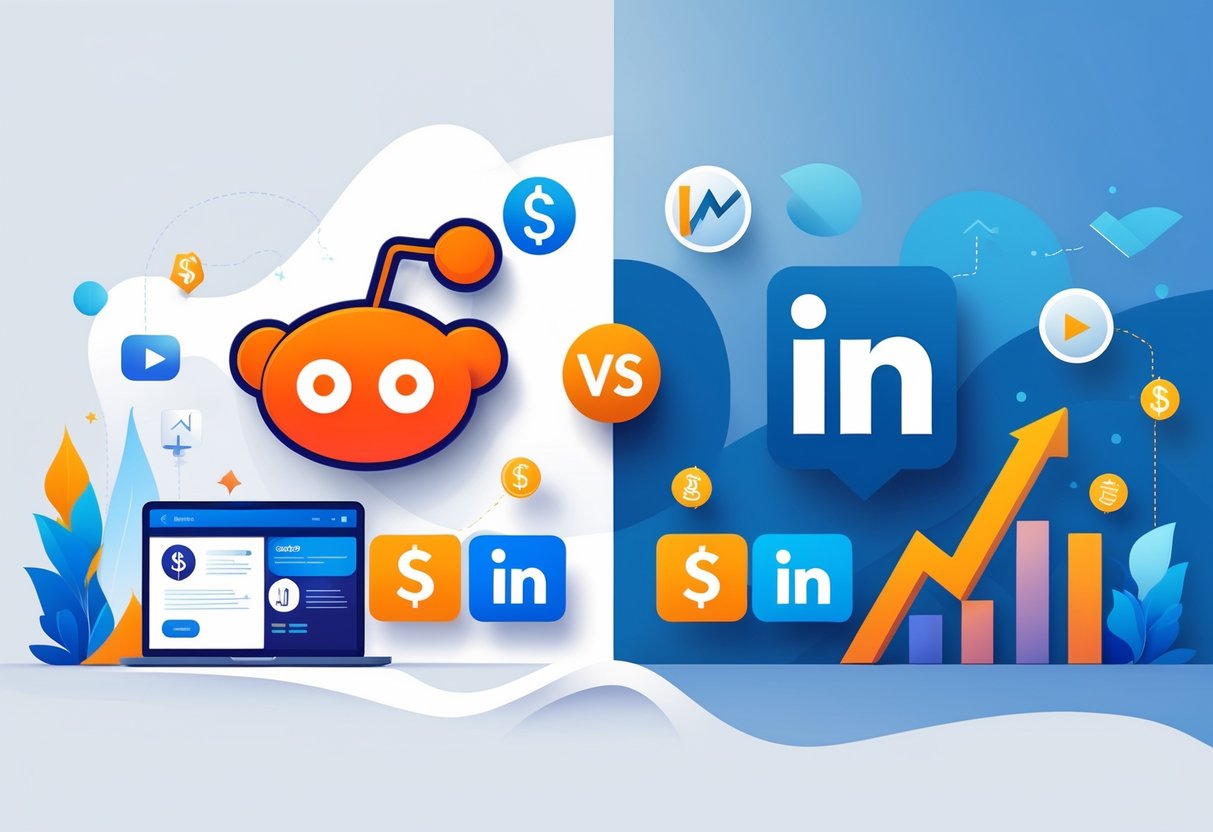 A split illustration comparing Reddit and LinkedIn advertising options for B2B, showing their logos with related ad format icons and symbols representing cost, quality, and return on investment.