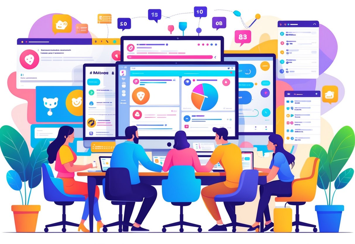 A team of marketers working together at a desk with computers showing social media and Reddit-related icons, surrounded by content creation tools and digital workspace items.