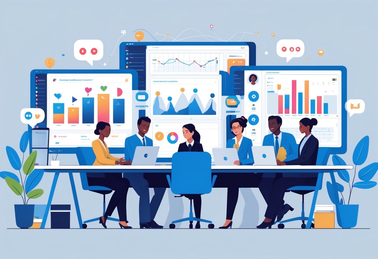 A team of diverse professionals working together at a desk with multiple computer screens showing social media dashboards and moderation tools.