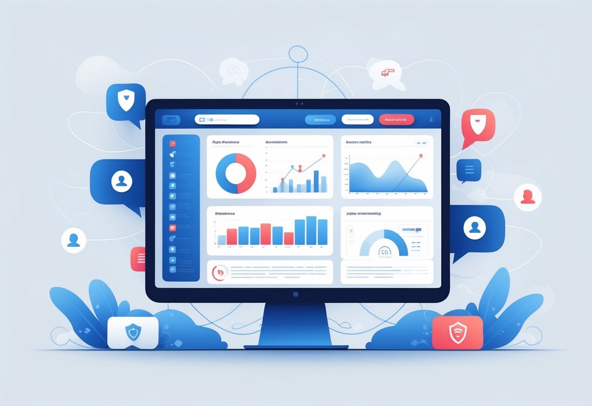 A digital workspace with a computer screen showing charts and icons, surrounded by shields and network symbols representing online community management and spam protection.