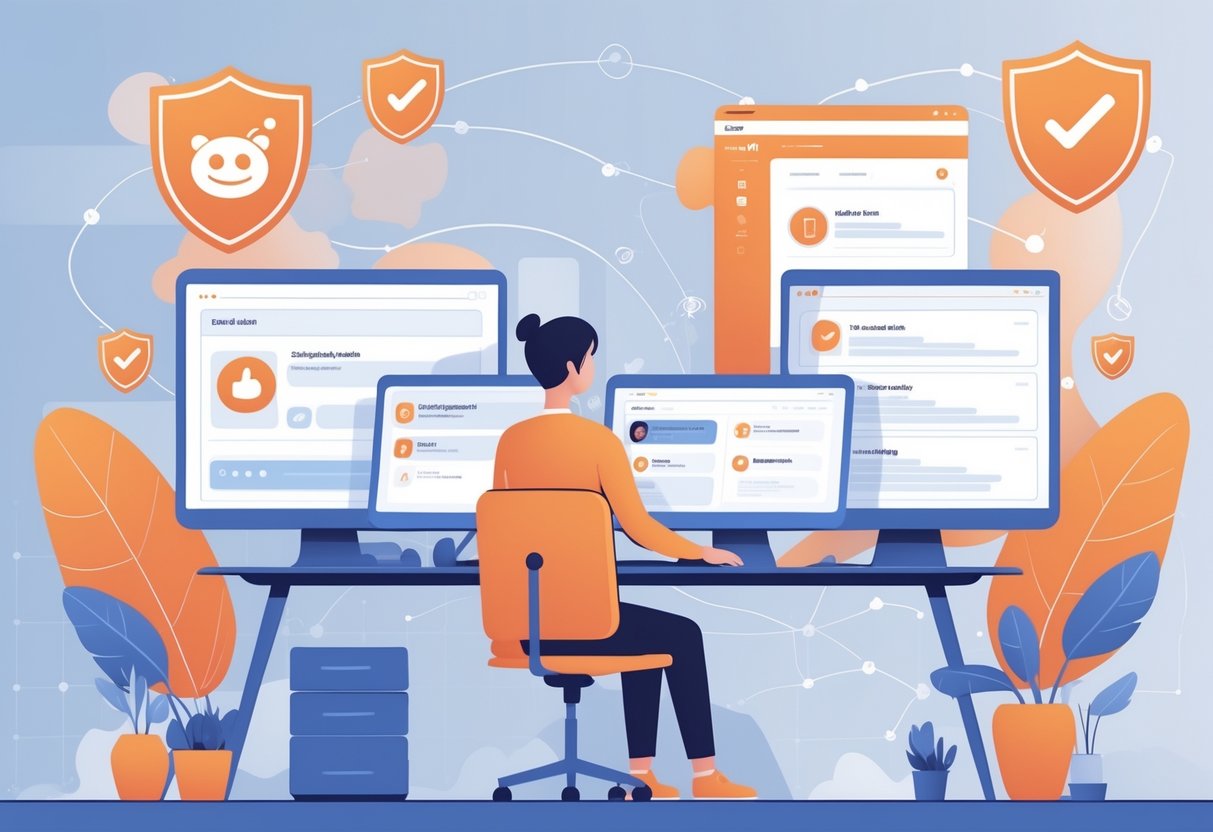A person working at a desk with multiple computer screens showing social media elements, surrounded by symbols representing online safety and anti-spam measures.