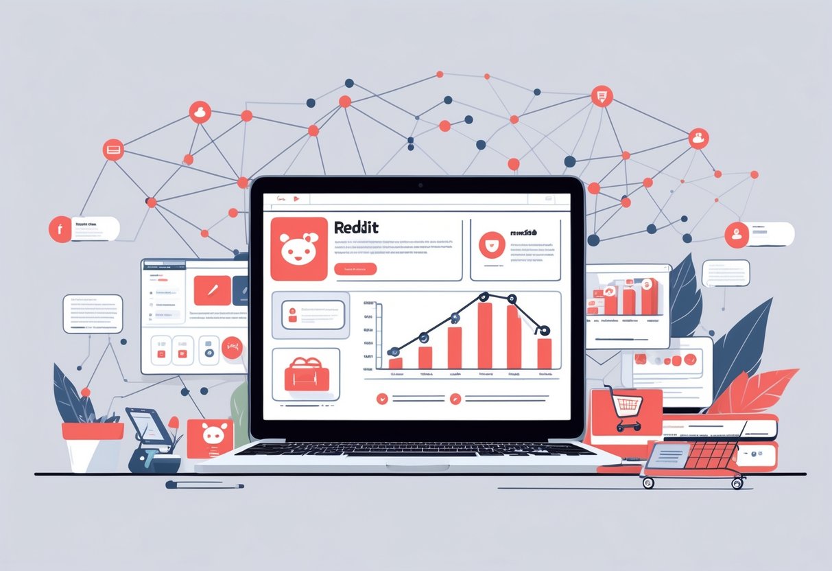 A workspace with a laptop showing a social media interface, surrounded by ecommerce icons like shopping carts and sales graphs, connected by network nodes and arrows representing online marketing strategy.