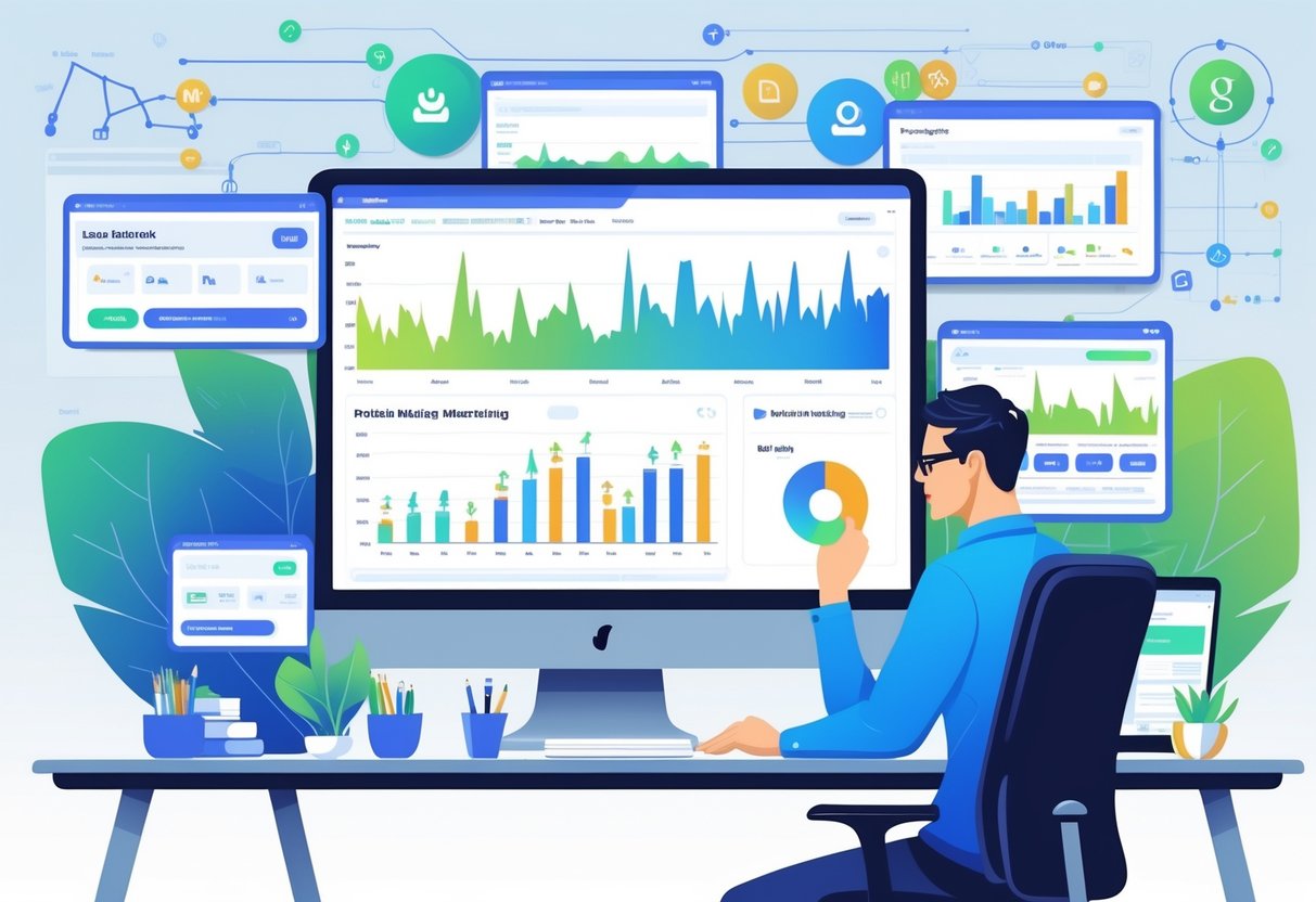A person at a desk analyzing multiple computer screens showing data and graphs related to online communities and ecommerce marketing.