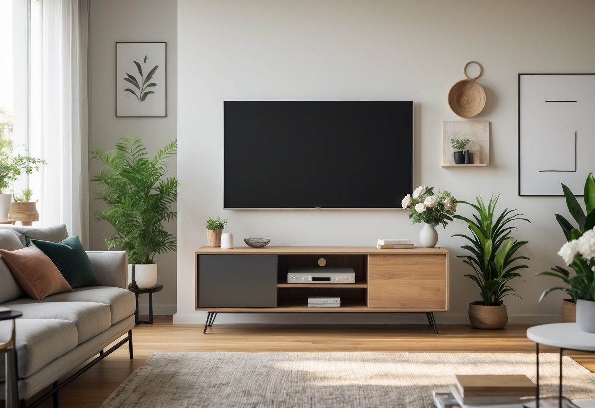 Salon avec un meuble TV moderne, canapé, table basse et plantes décoratives.