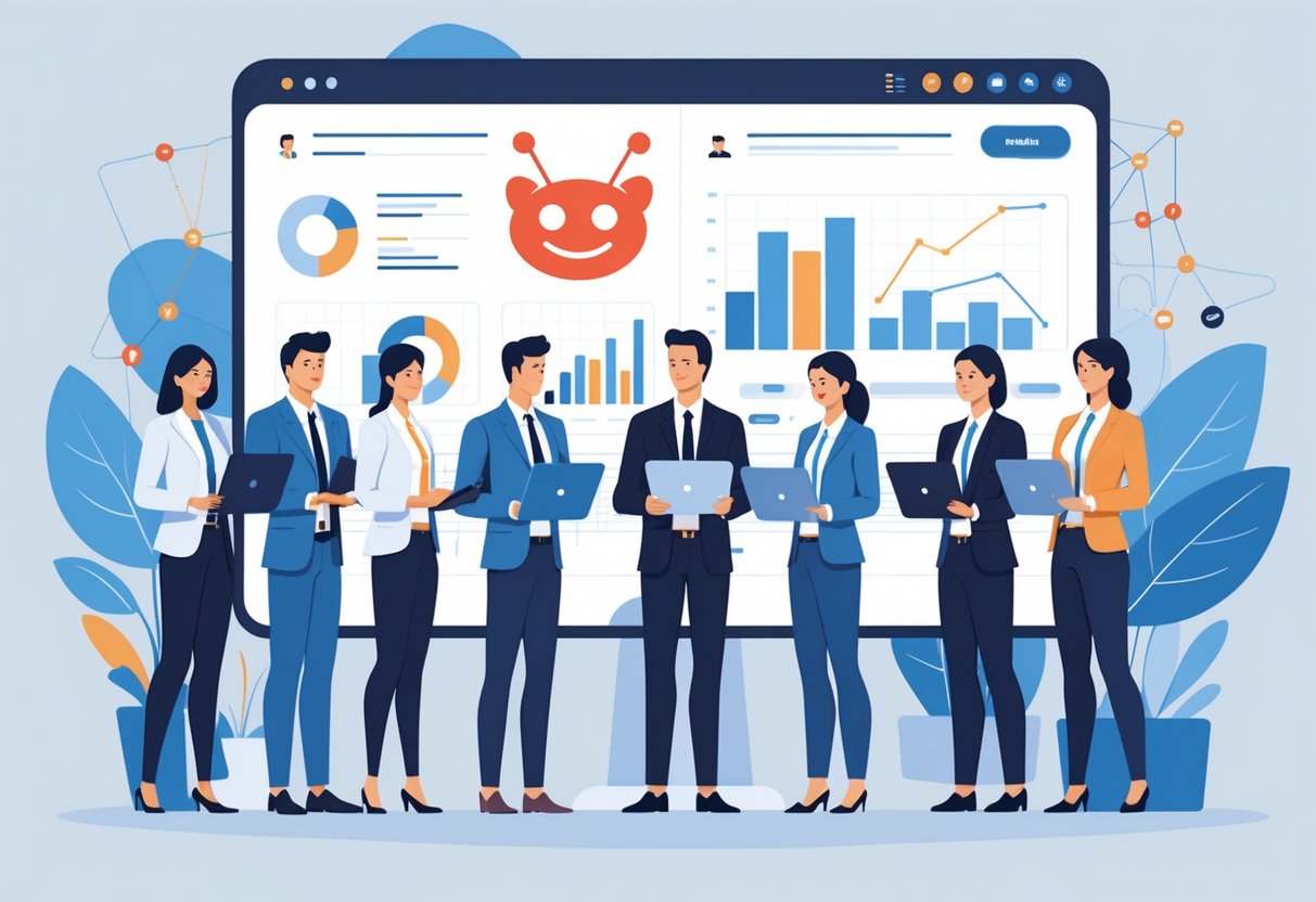 A group of business consultants collaborating around a digital screen showing graphs and Reddit-themed icons in a modern office setting.