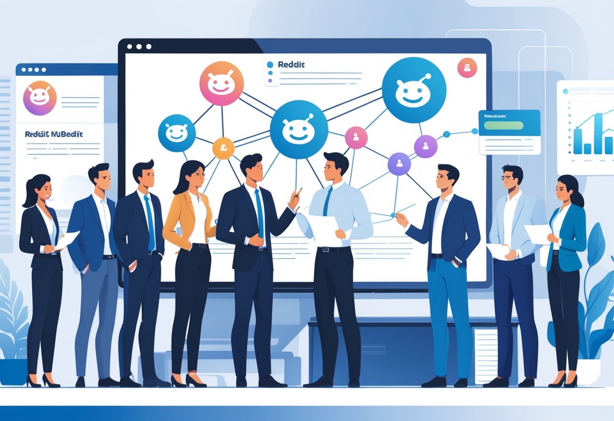 A group of business professionals collaborating around a digital screen displaying interconnected subreddit icons, discussing strategies in an office setting.