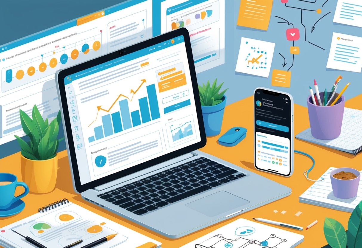 A workspace with a laptop showing landing page design, a smartphone displaying Reddit app icons, sticky notes, a notebook with sketches, and a whiteboard with diagrams, representing product validation and customer research.