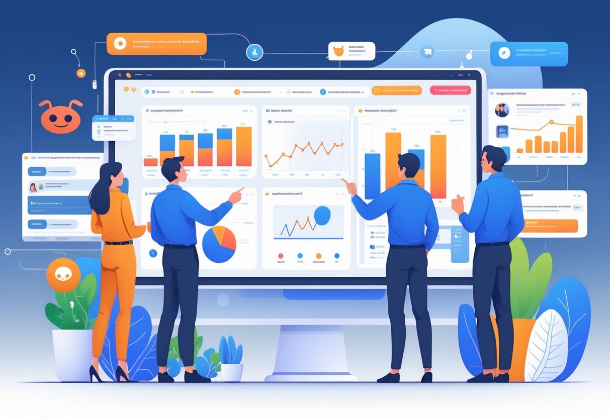 A team of professionals analyzing data and user feedback on digital screens in an office, focusing on engagement and product research.