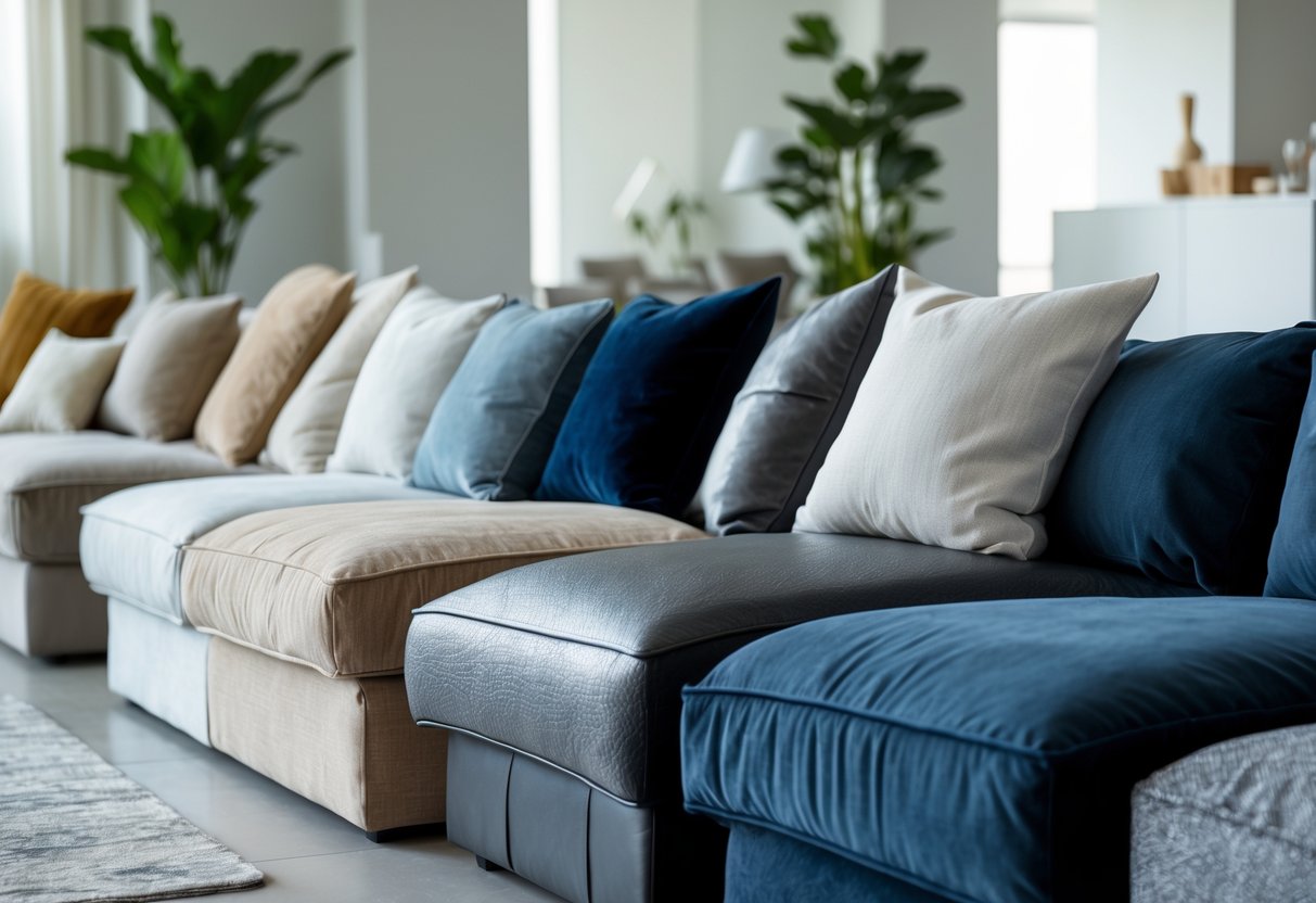 Plusieurs canapés avec différents revêtements disposés dans un salon moderne bien éclairé.