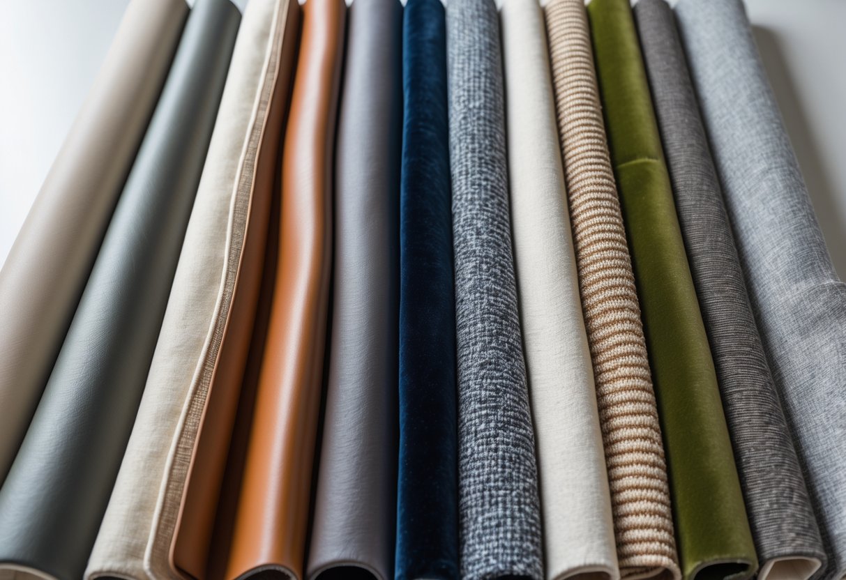 Vue panoramique de différents revêtements pour canapé présentés côte à côte, montrant diverses textures et couleurs de tissus et cuirs.