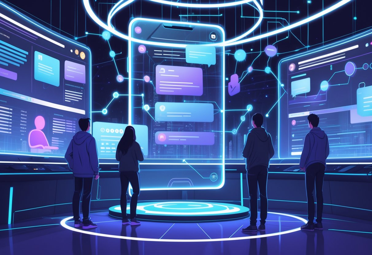 A futuristic digital control room with holographic screens showing data and connections between users and online communities.