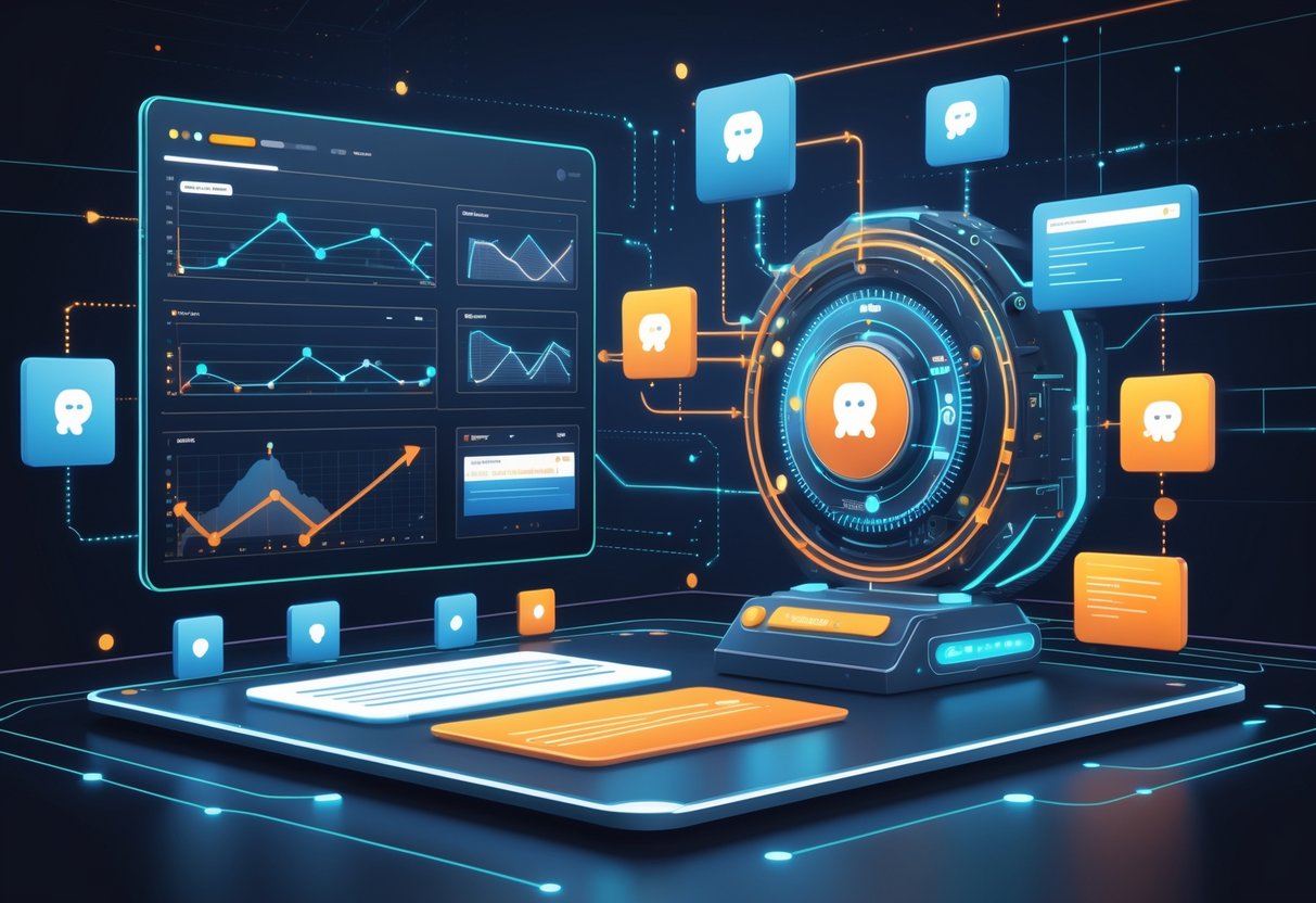 A digital dashboard showing different sized subreddit icons connected to a central glowing algorithm machine with floating upvote symbols, comment bubbles, and post thumbnails, set in a modern tech environment.