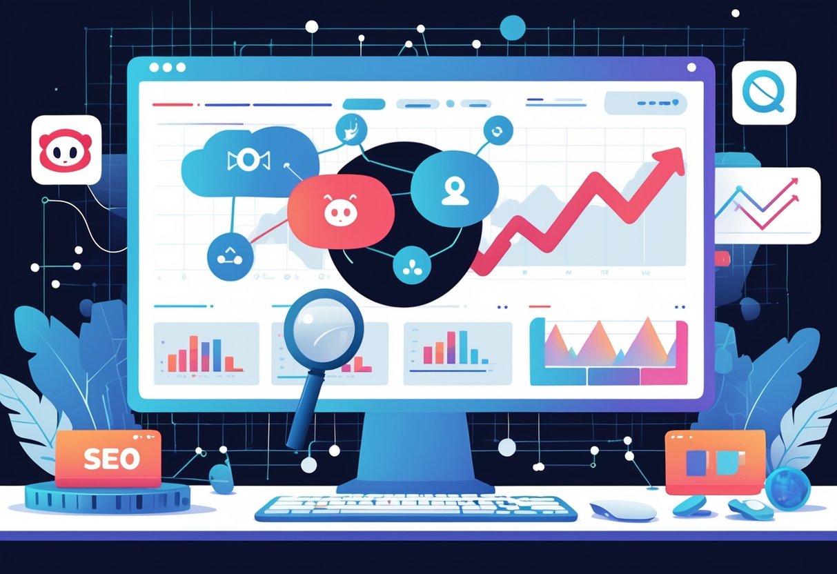 A workspace with a computer screen showing interconnected nodes and icons representing online link building and SEO strategy.