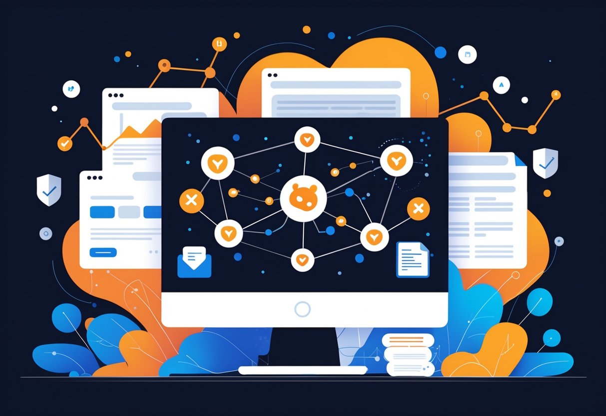 A workspace with a computer screen showing interconnected nodes and icons representing rules and link building, surrounded by digital graphs and network lines.