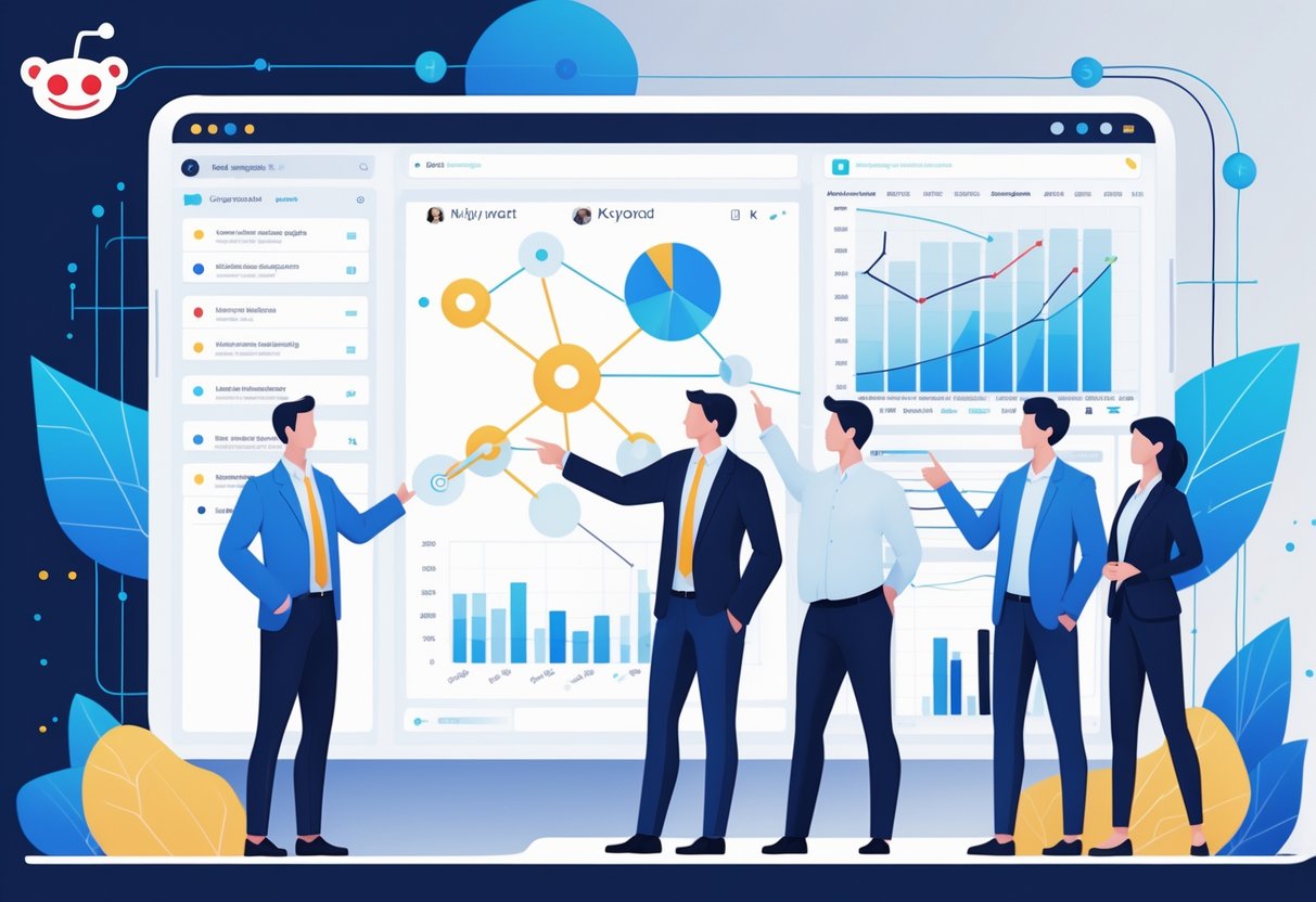 A group of professionals analyzing keyword data on a large touchscreen with graphs and connected keyword nodes in a modern office setting.