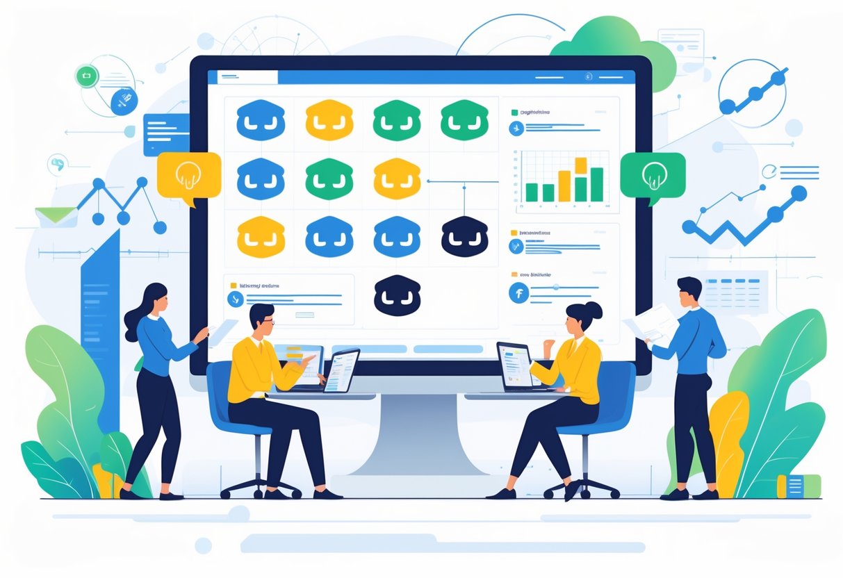 A group of marketers working together around a computer showing interconnected icons representing online communities and growth charts in a modern office.