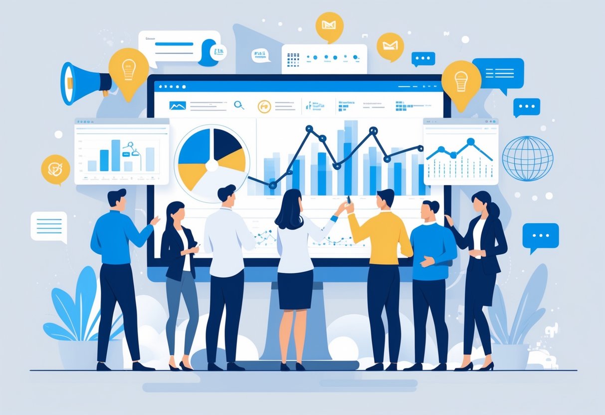 A group of business professionals collaborating around a digital screen showing graphs and charts, surrounded by icons representing marketing tools and online networking.