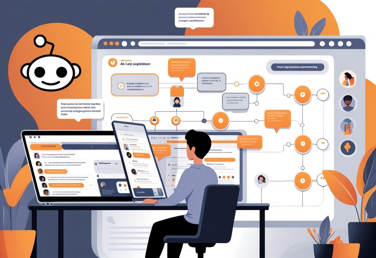 A person sitting at a desk with a laptop displaying a live chat, surrounded by speech bubbles representing questions, with a digital board behind showing a strategy flowchart for hosting an online Q&A session.