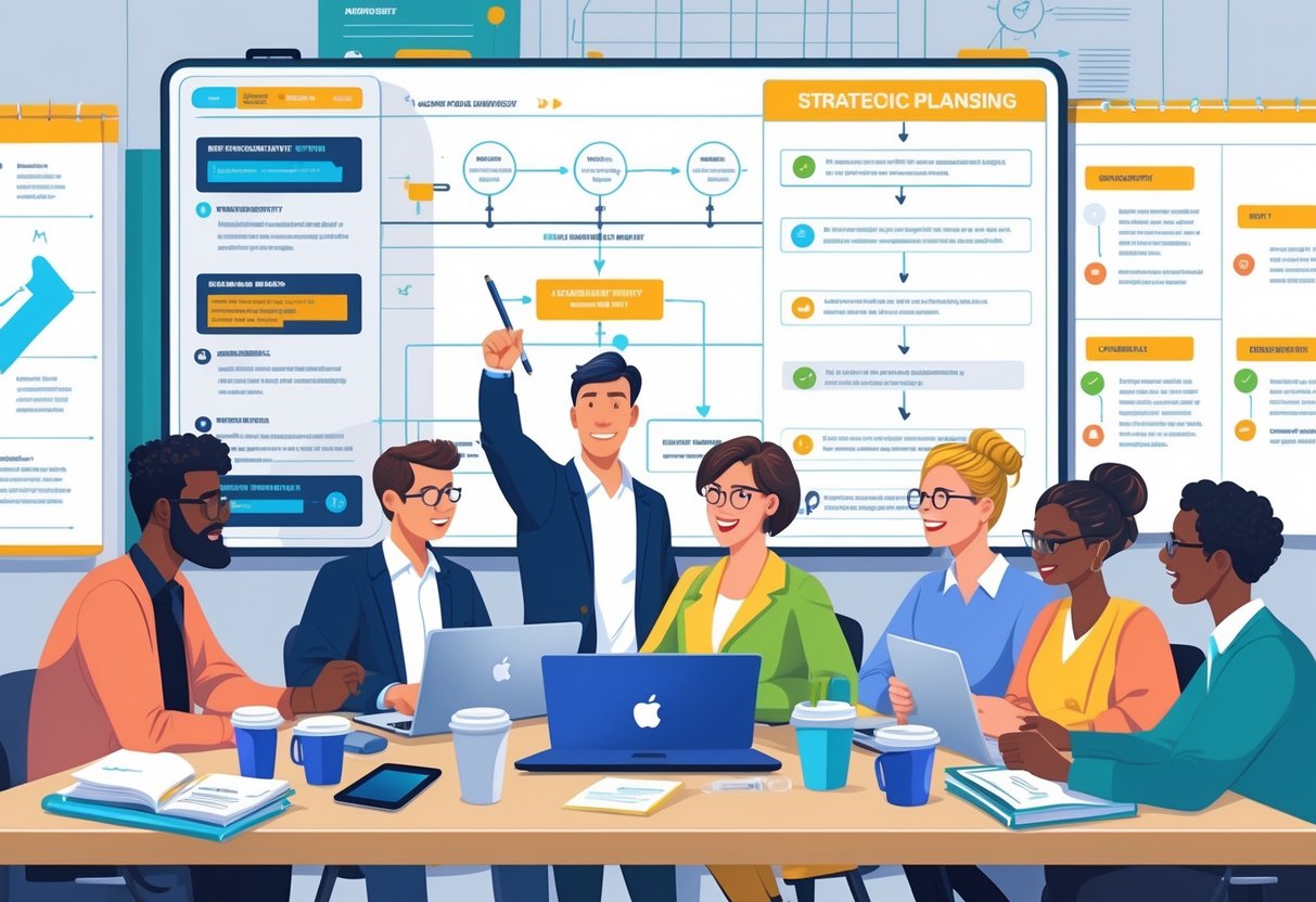 A group of people in an office collaborating around a digital screen and whiteboard, planning a Reddit AMA session.