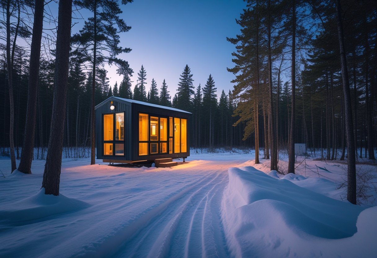 Une petite cabine moderne entourée d'arbres enneigés dans une forêt au Québec, avec des lumières chaudes à l'intérieur et un ciel crépusculaire.