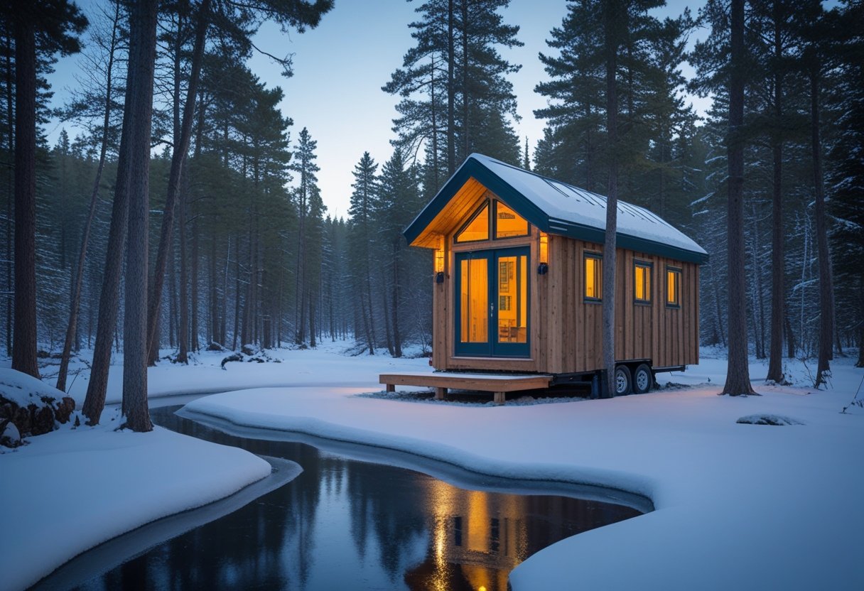 Cabane en bois isolée dans une forêt enneigée au Québec, avec un lac gelé à proximité.