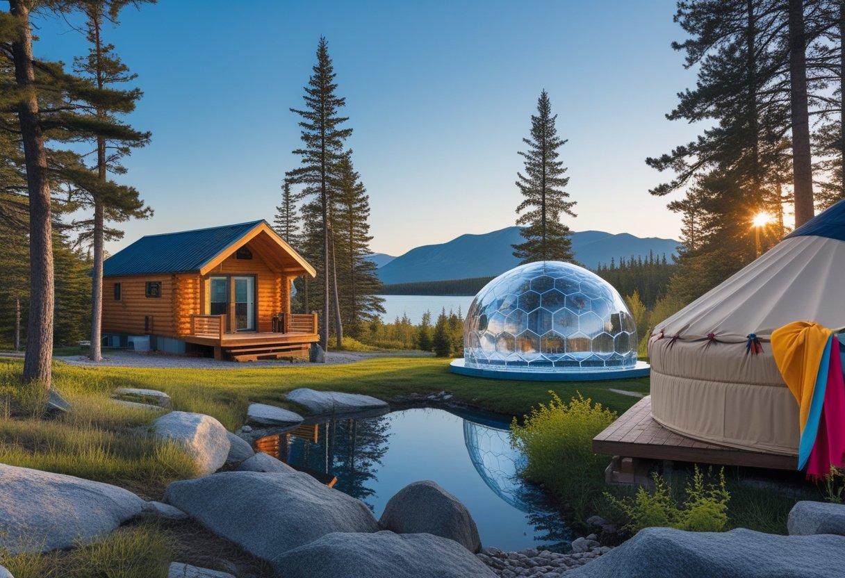 Plusieurs types d’hébergements insolites au Québec, dont une cabine en bois, un igloo en verre et une yourte, situés dans un paysage naturel avec des arbres, un lac et des montagnes.