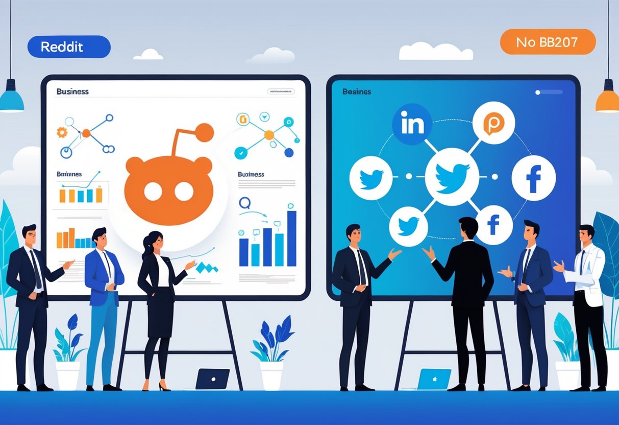 Business professionals in an office comparing Reddit and other social media platforms on large digital screens, discussing data and strategies.