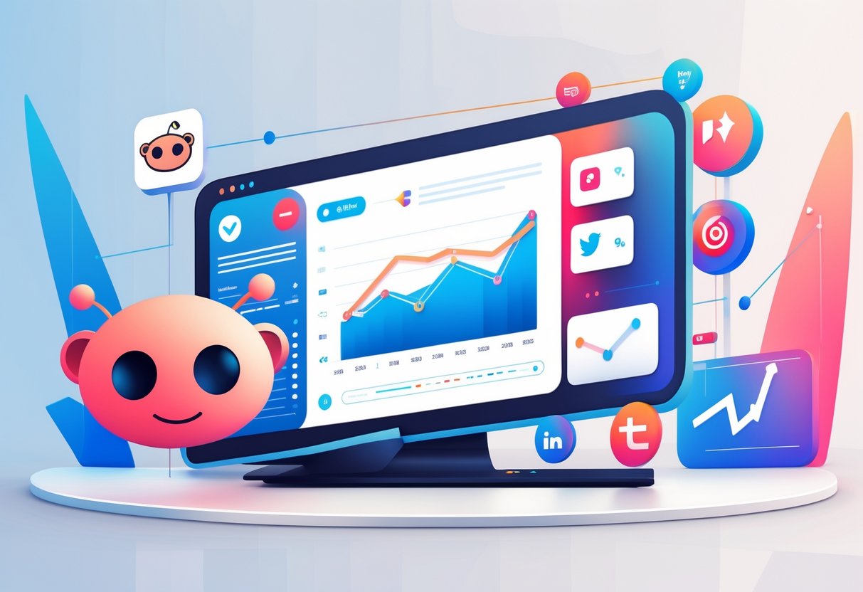 An illustration showing a comparison between Reddit and other social media platforms with icons and charts representing B2B brand investment decisions.