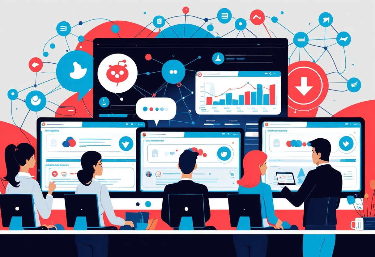 A team of professionals monitoring social media interactions on multiple screens, managing negative feedback and brand attacks in a digital workspace.