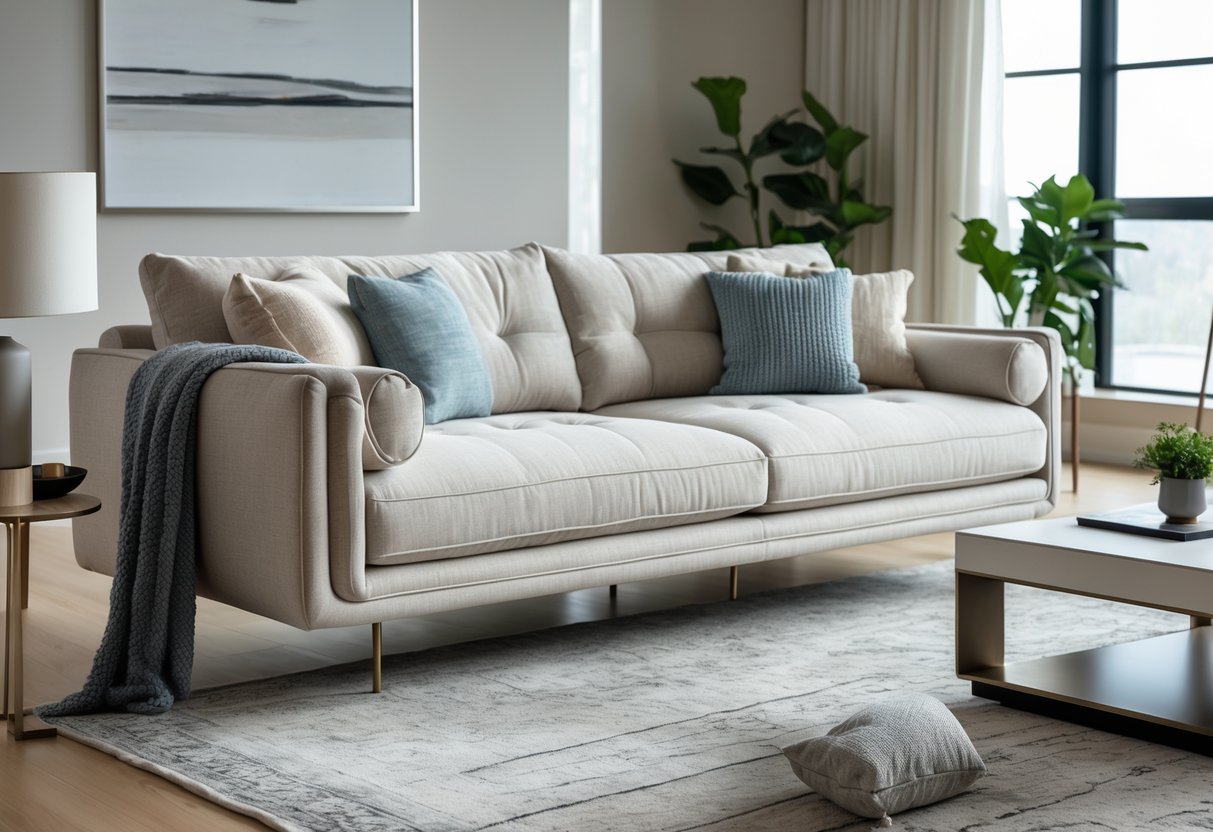 Un salon moderne avec un canapé confortable au centre, éclairé par la lumière naturelle, entouré de décorations simples et accueillantes.