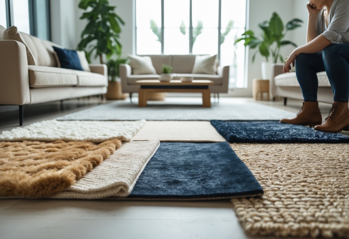 Personne examinant des échantillons de tapis de différentes matières et textures dans un salon lumineux et moderne.