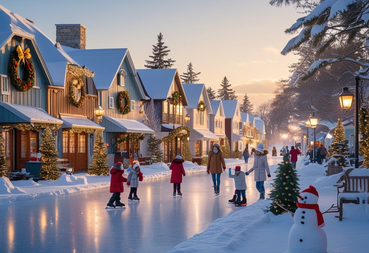 Une rue enneigée d'un village au Québec avec des maisons décorées pour Noël, des gens habillés chaudement, des enfants qui jouent dans la neige et une patinoire en plein air.
