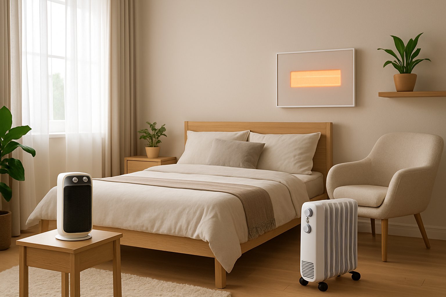 A cozy bedroom with several safe auxiliary heaters placed around the room, including a ceramic heater on a nightstand, an oil-filled radiator by a chair, and an infrared panel heater on the wall.