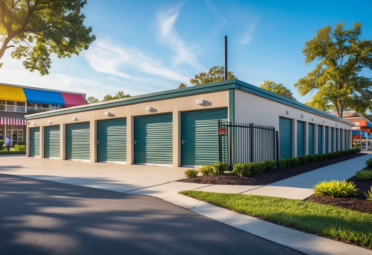 A sunny outdoor scene showing storage units with roll-up doors and a small town street with restaurants and outdoor seating in the background.